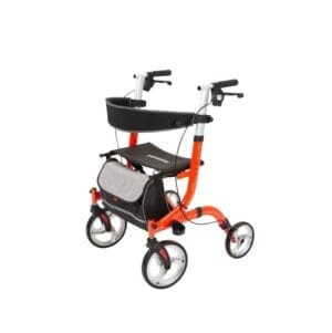 A red walker with wheels and seat.