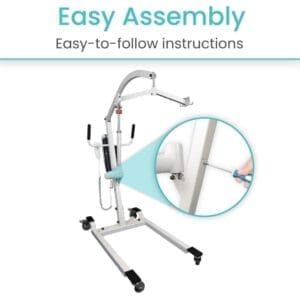 A white stand up lift with wheels and instructions.
