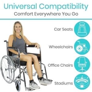 A woman in a wheelchair with text that reads universal compatibility. Comfort everywhere you go