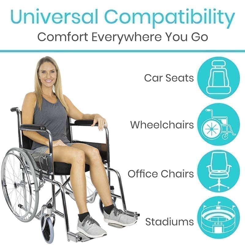A woman in a wheelchair with text that reads universal compatibility. Comfort everywhere you go