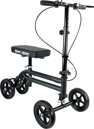 A black knee walker with wheels and seat.