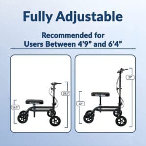 A fully adjustable scooter is shown for users between 4 9 and 6 / 4.