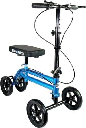 A blue knee scooter with black wheels and seat.