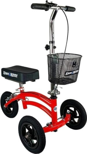 A red knee walker with basket and seat.
