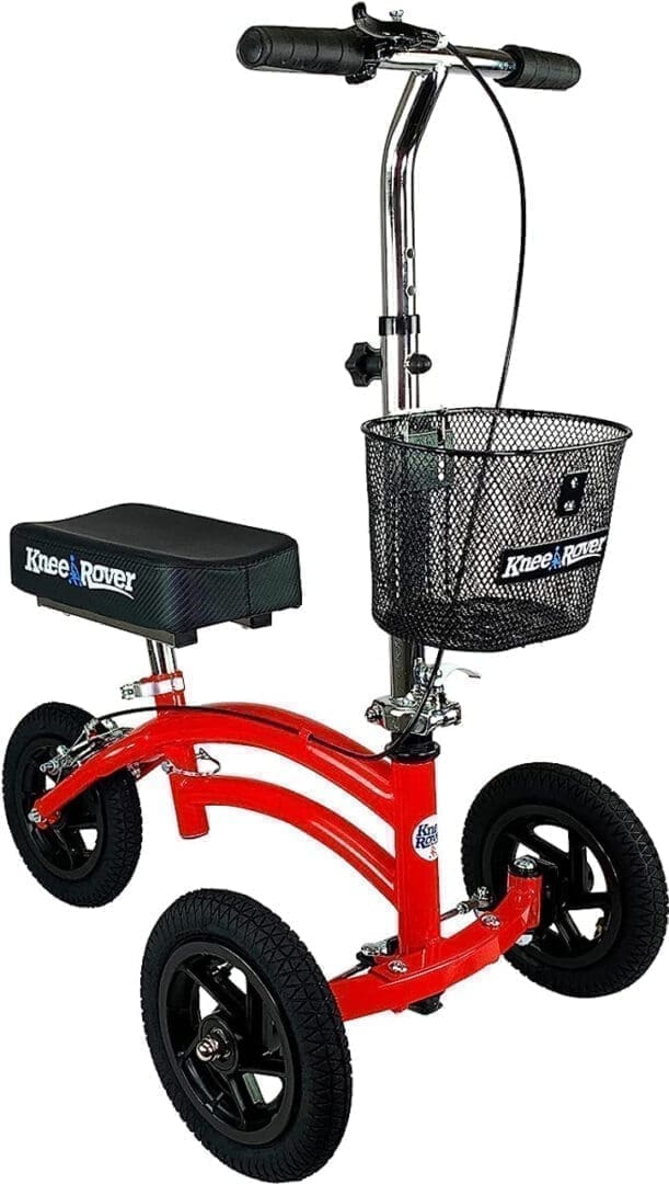 A red knee walker with basket and seat.