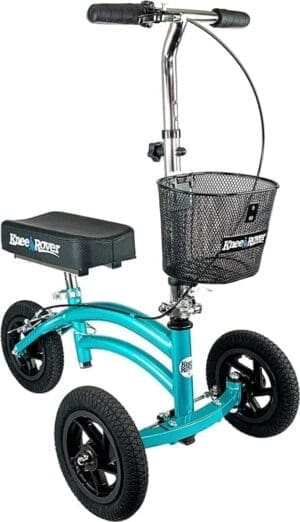 A blue knee scooter with basket and wheels.
