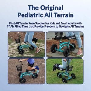 A blue and black tricycle with text that says " the original pediatric all terrain ".