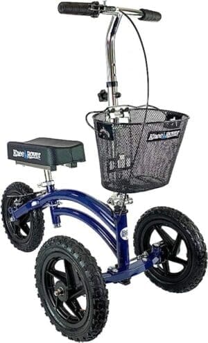 A blue scooter with basket and seat on it.