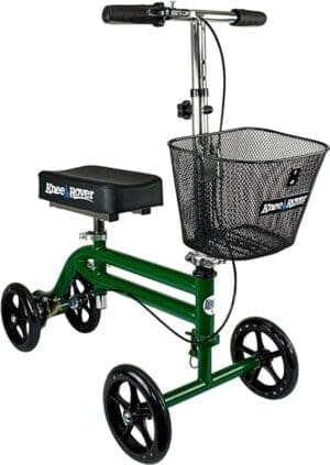 A green knee walker with basket on the side.