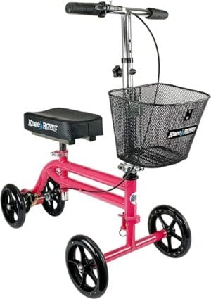 A red knee walker with basket on the side.