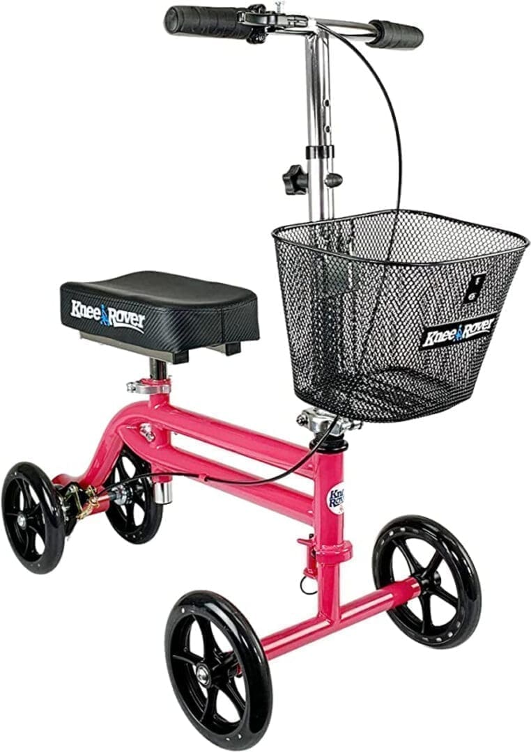A red knee walker with basket on the side.