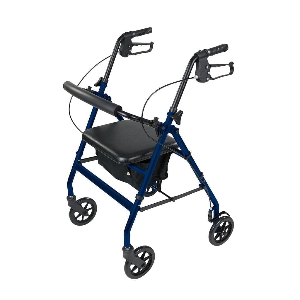 Blue four-wheeled walker with seat and handles.