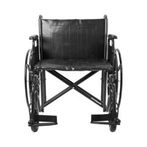 A wheelchair with no wheels and black leather seat.
