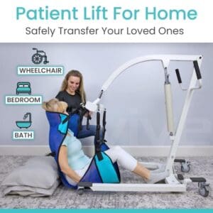 A woman sitting on the ground with a patient lift for home.