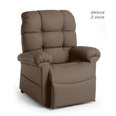 A brown recliner with two different colored arms.