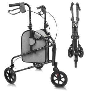 A walker with wheels and a bag on it
