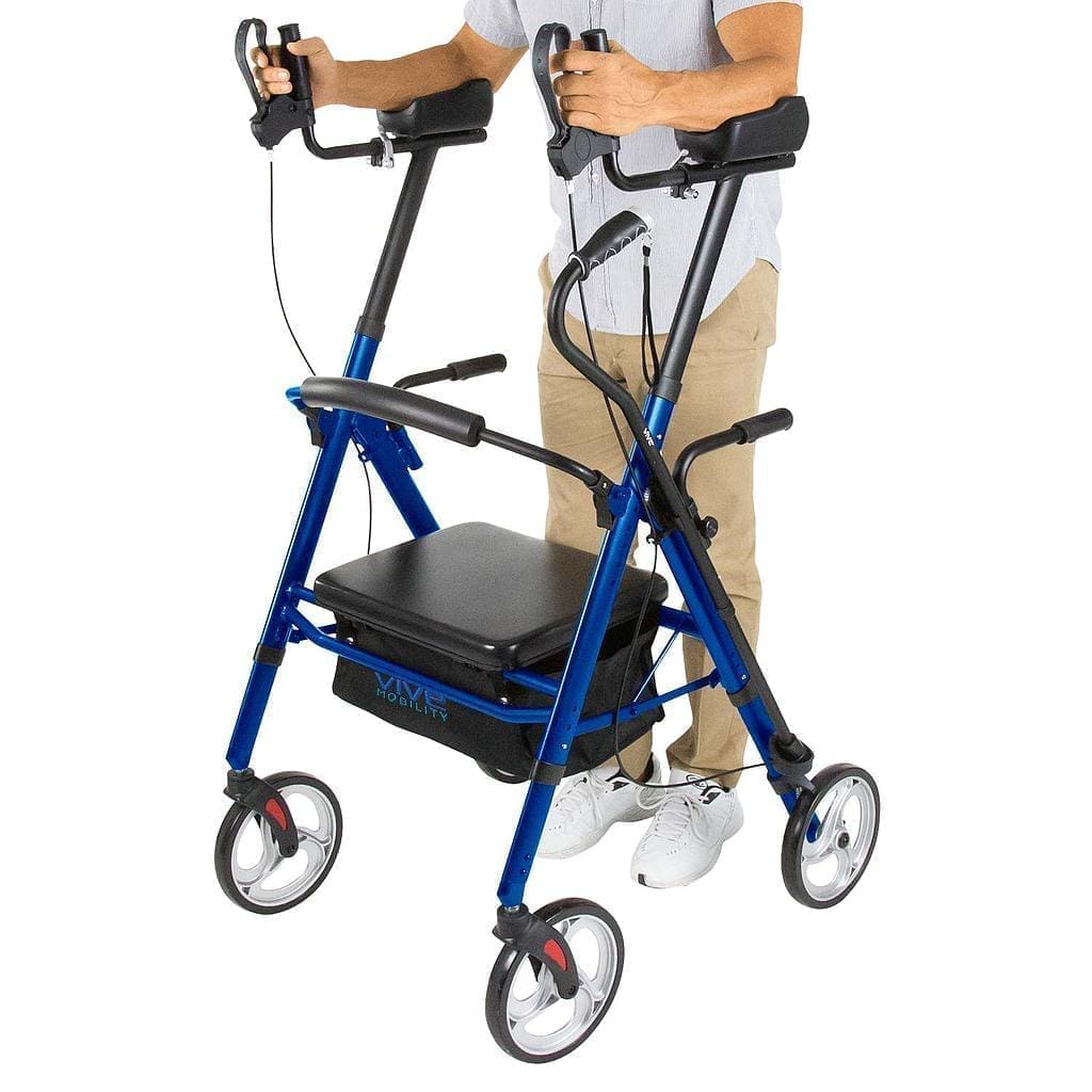 A man is holding the handle of a walker.