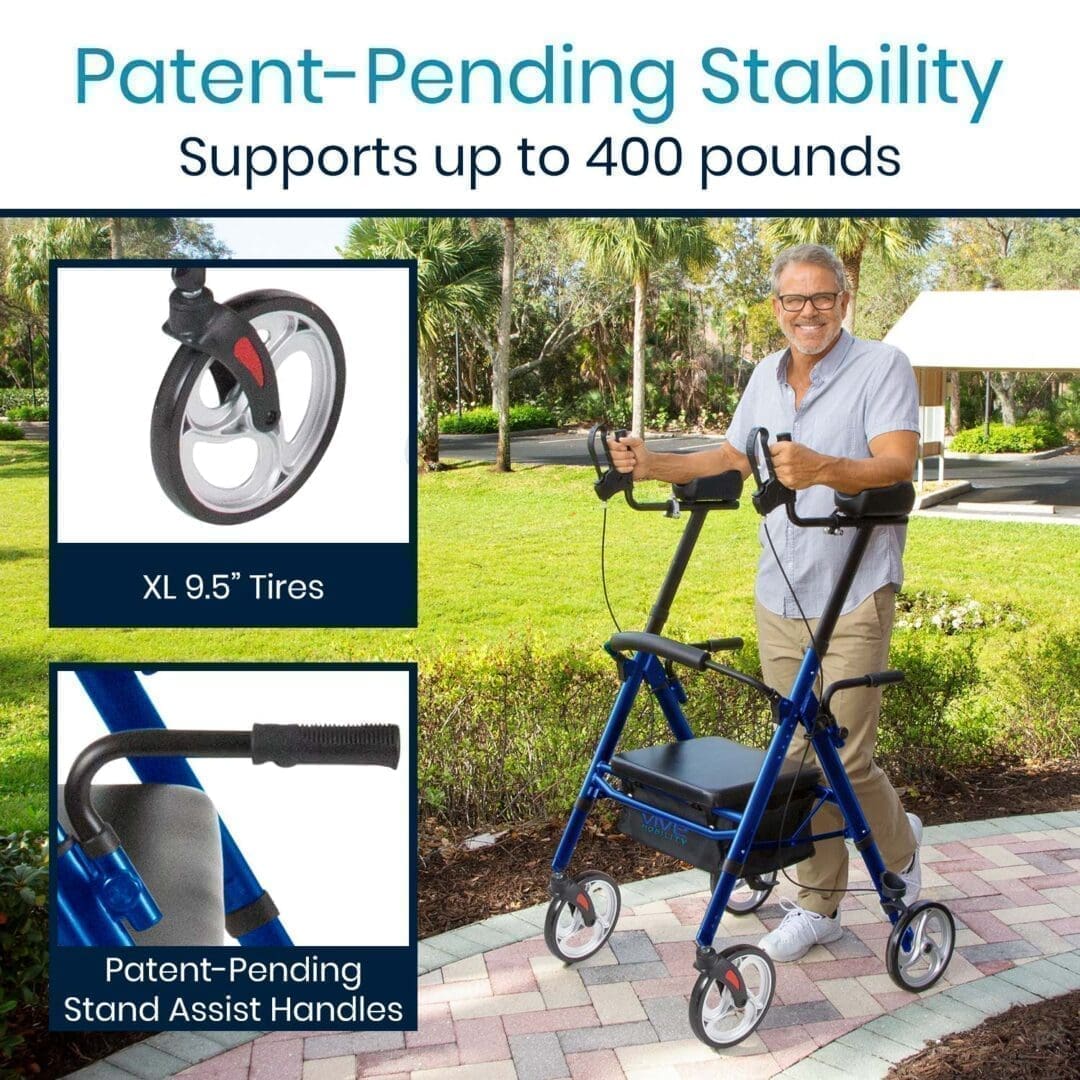 A man with a walker and bicycle in front of him.