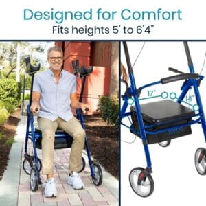 A man sitting in a blue walker with wheels.