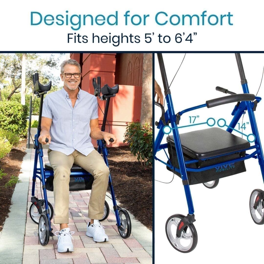 A man sitting in a blue walker with wheels.
