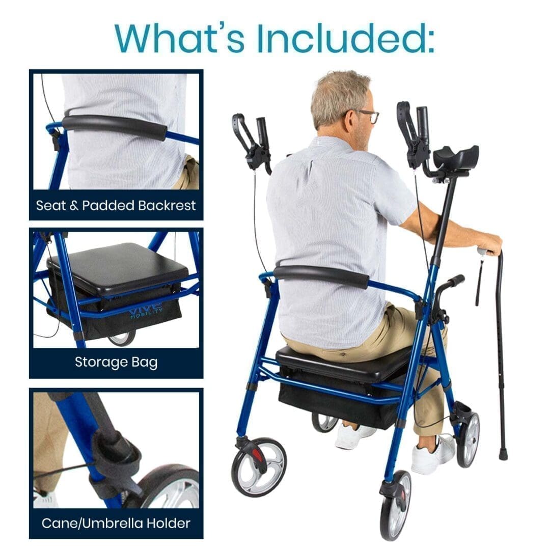 A man sitting in a walker with the handle bar extended.