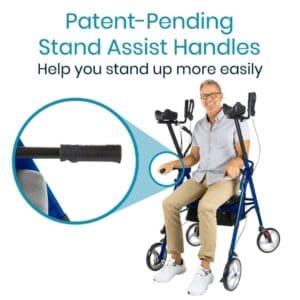 A man sitting in a blue wheelchair with the caption " patent-pending stand assist handles."