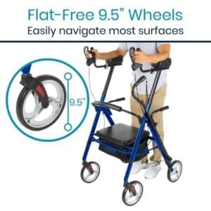 A blue walker with wheels and seat for the elderly