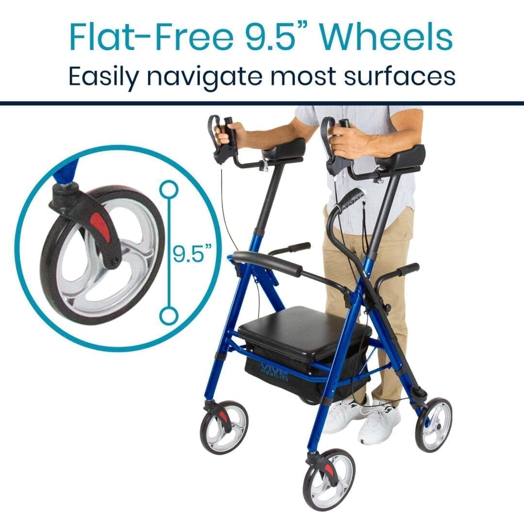 A blue walker with wheels and seat for the elderly