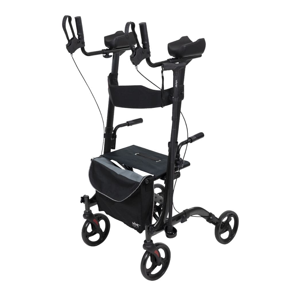 A black walker with two wheels and four different handles.