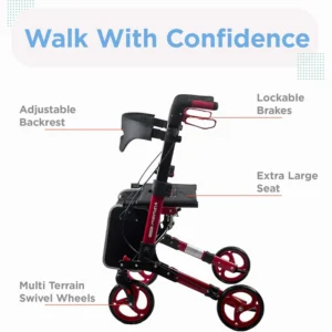 Red walker with adjustable backrest and extra-large seat for confidence.