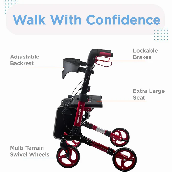 Red walker with adjustable backrest and extra-large seat for confidence.