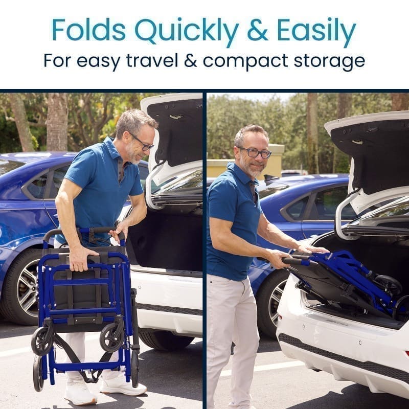 A man folding a blue cart for easy travel and storage.