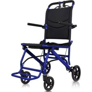 Compact blue and black foldable wheelchair with small wheels.