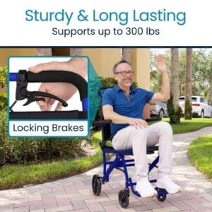 Man happily sitting on a sturdy blue walker with locking brakes outdoors.