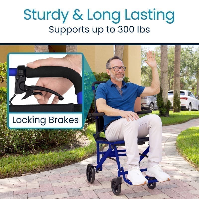 Man happily sitting on a sturdy blue walker with locking brakes outdoors.