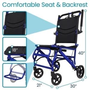 Compact blue wheelchair with comfortable seat, backrest, and small wheels for easy mobility.