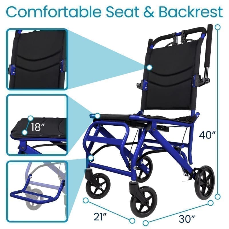 Compact blue wheelchair with comfortable seat, backrest, and small wheels for easy mobility.