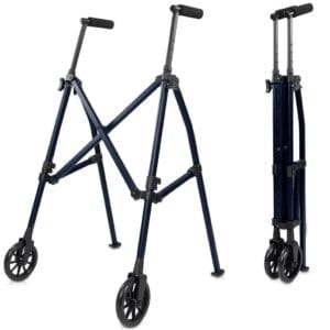 Foldable walker with two wheels for mobility and support.