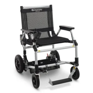 A black and silver wheelchair with wheels.
