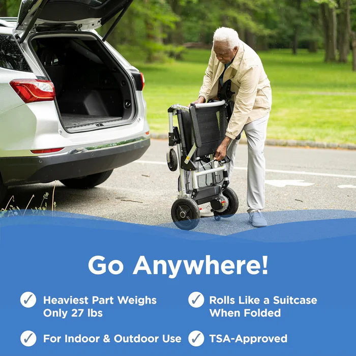 A man pushing a wheelchair in the trunk of his car.