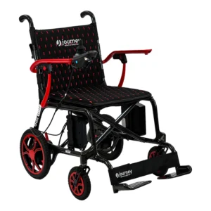 Black and red manual wheelchair with padded seat and backrest.