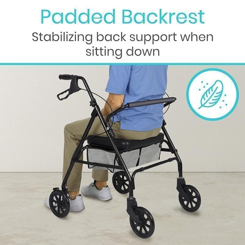A person is sitting in a walker with the text " padded backrest stabilizing back support when sitting down ".