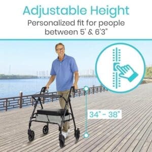 A man using a walker with adjustable height.
