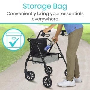 A person pushing a walker with the text " storage bag conveniently bring your essentials everywhere ".