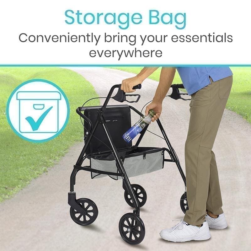 A person pushing a walker with the text " storage bag conveniently bring your essentials everywhere ".