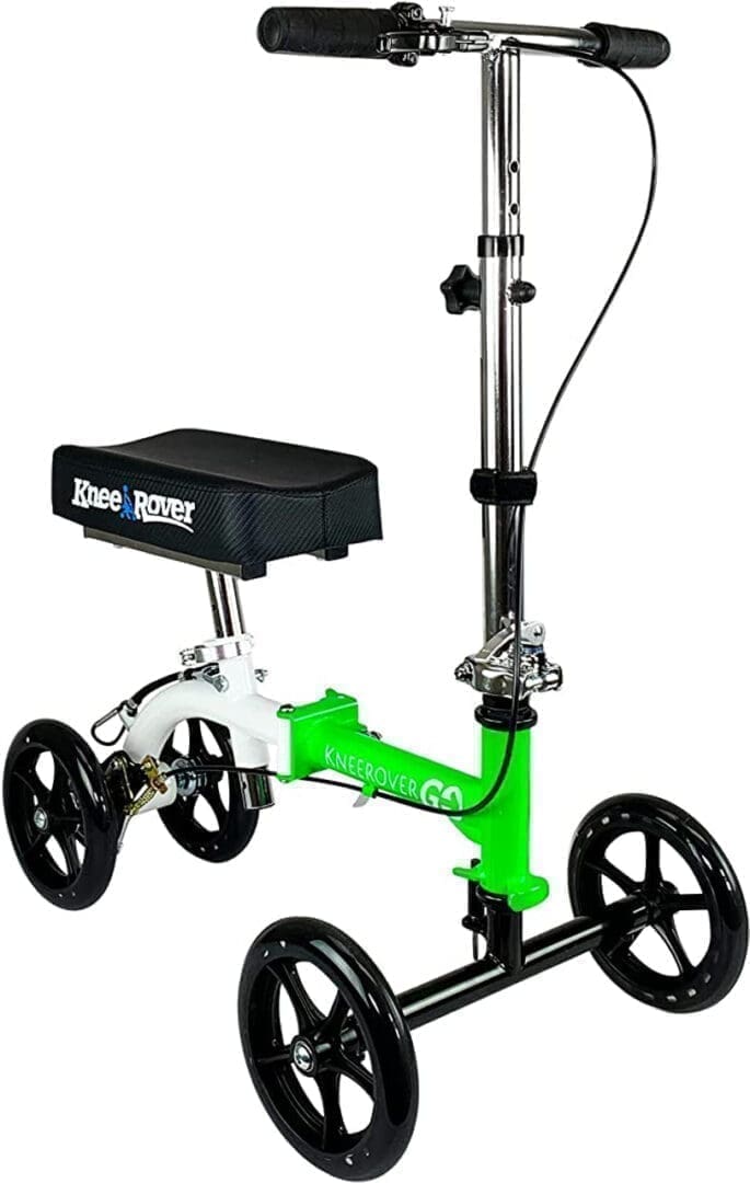 A green and white scooter with a seat on the front.