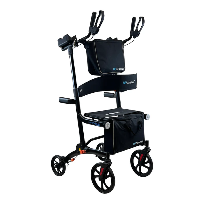A black walker with wheels and seat.