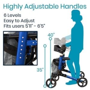 A diagram of the height and width of a rollator.