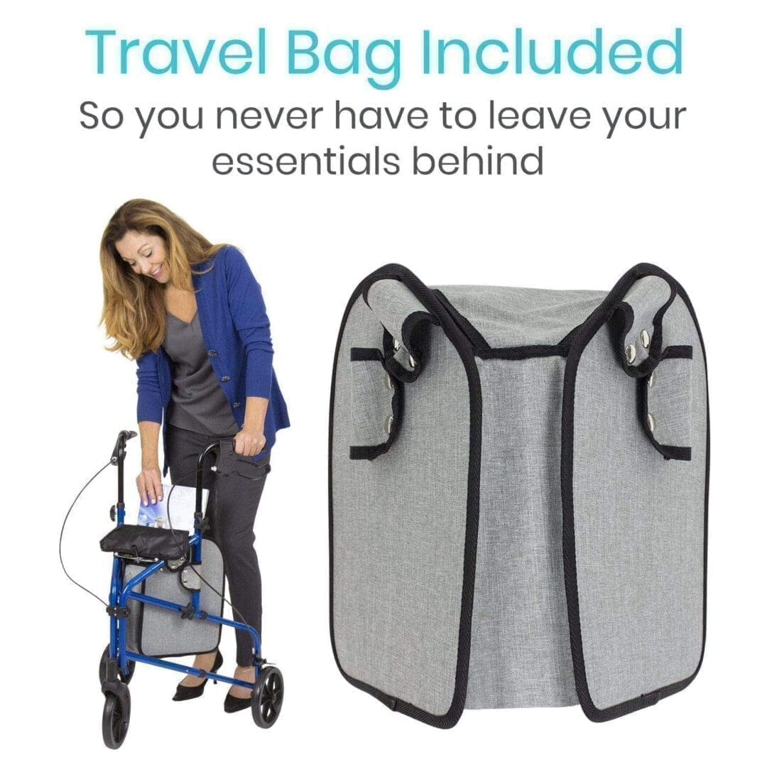 A woman is standing next to a walker bag.