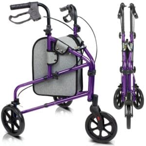 A purple walker with wheels and a bag on the back.
